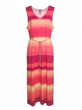 Chico's Women's Size 3-XL Maxi Dress Sleeveless Braided Belt Pink Yellow Stripe
